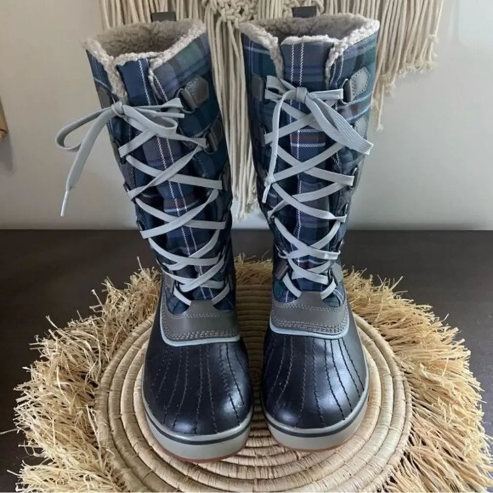 SOREL Women’s Trivoli Tall Lace Up Fleece Lined Blue Plaid Winter Boots Size 8.5